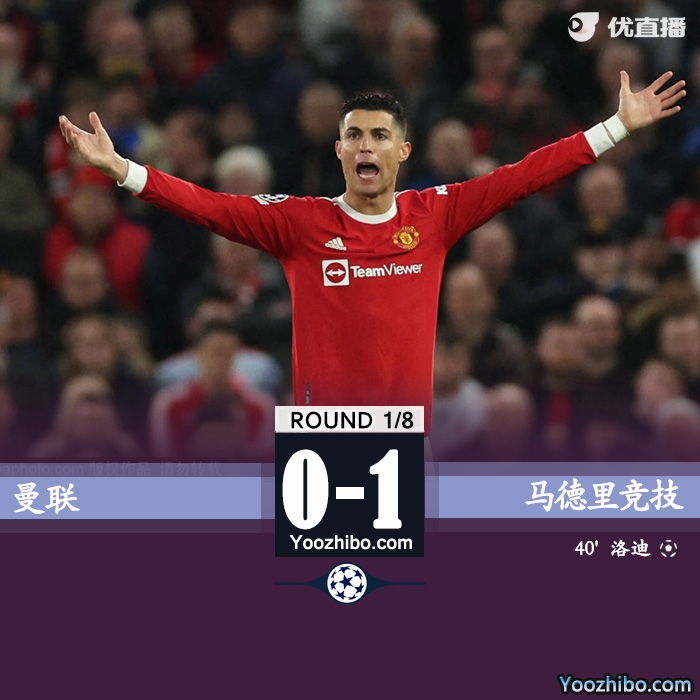 曼联0-1马竞 洛迪制胜球C罗0射门 总分1-2无缘8强