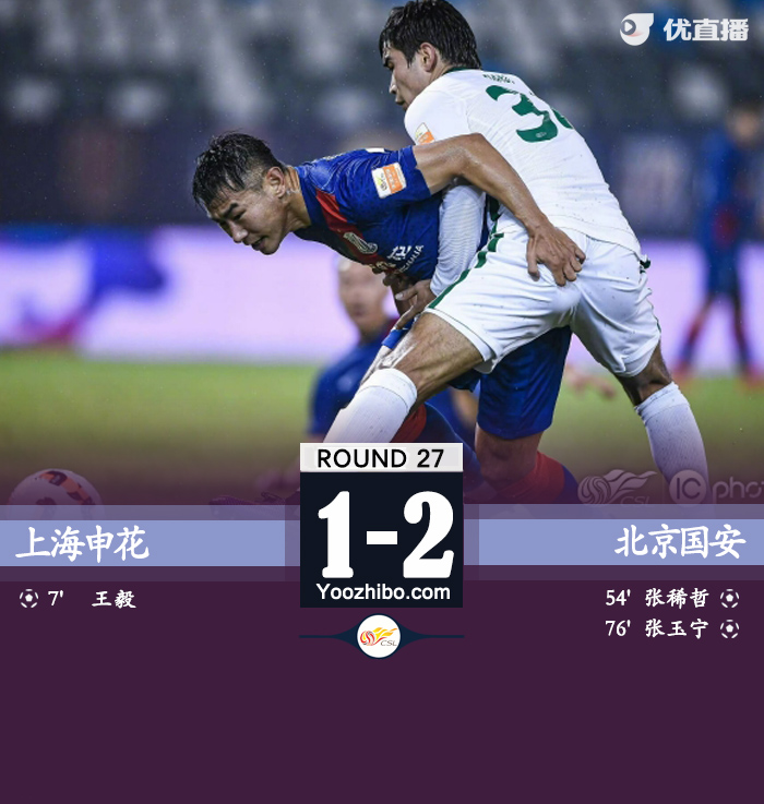 北京国安2-1上海申花 张稀哲破门张玉宁建功