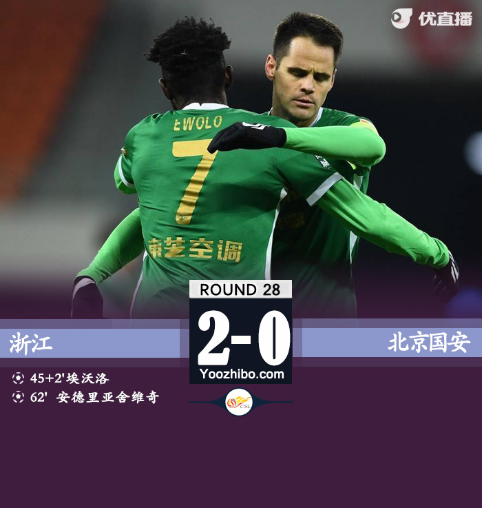 浙江队2-0北京国安 埃沃诺推射破门弗兰克建功