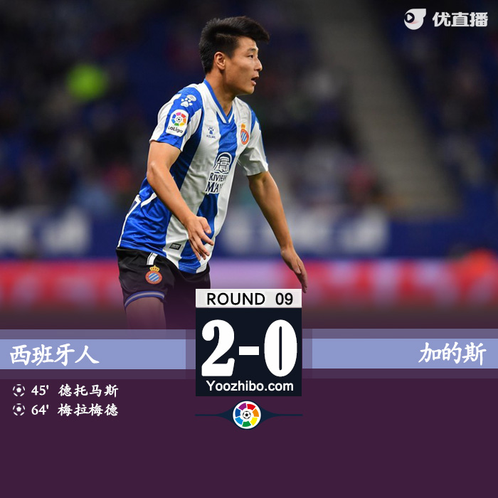 西班牙人2-0加的斯 武磊第89分钟替补登场德托马斯破门